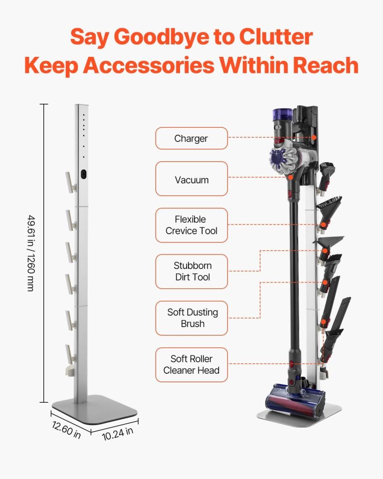 vacuum stand, compatible with dyson g5 v15 v12 v11 v10 v8 v7 v6 series upright vacuums cleaners & accessories, stable vacuum stand holder with 6 hooks and non slip footpads, gray Freestanding vacuum stand with organised attachments and charger