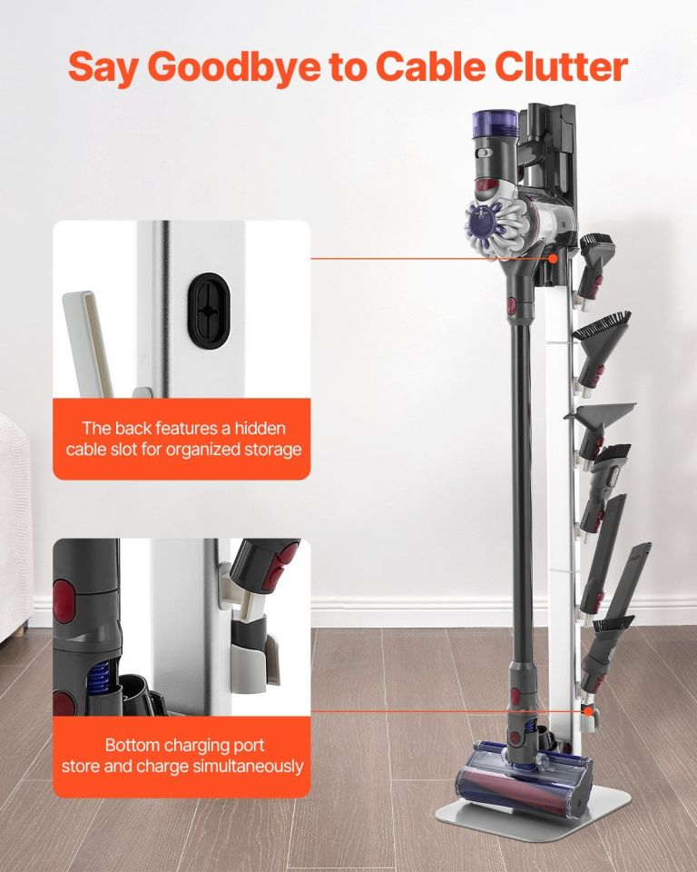 vacuum stand, compatible with dyson g5 v15 v12 v11 v10 v8 v7 v6 series upright vacuums cleaners & accessories, stable vacuum stand holder with 6 hooks and non slip footpads, gray Cordless vacuum on charging stand with attachments