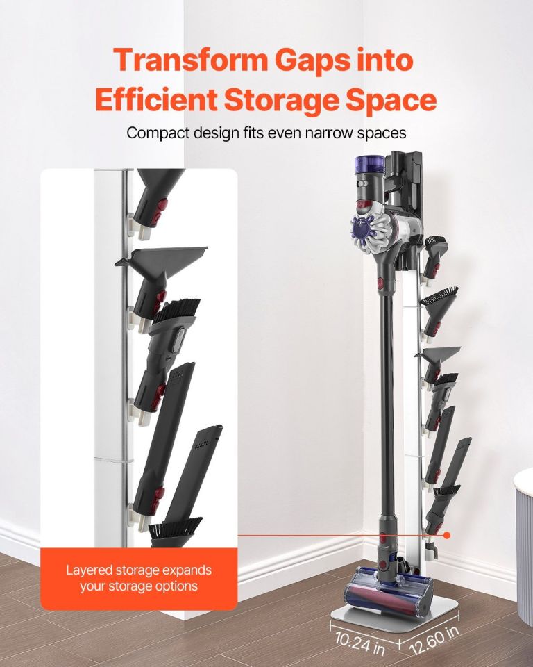 vacuum stand, compatible with dyson g5 v15 v12 v11 v10 v8 v7 v6 series upright vacuums cleaners & accessories, stable vacuum stand holder with 6 hooks and non slip footpads, gray Slim vacuum storage rack in corner space