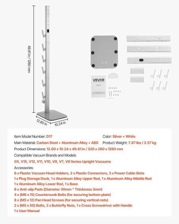 vacuum stand, compatible with dyson g5 v15 v12 v11 v10 v8 v7 v6 series upright vacuums cleaners & accessories, stable vacuum stand holder with 6 hooks and non slip footpads, gray Silver VEVOR vacuum stand with accessories and dimensions