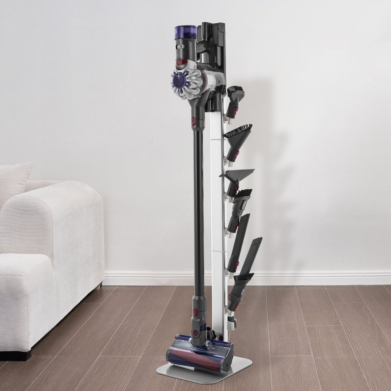 vacuum stand, compatible with dyson g5 v15 v12 v11 v10 v8 v7 v6 series upright vacuums cleaners & accessories, stable vacuum stand holder with 6 hooks and non slip footpads, gray Cordless stick vacuum with multiple attachments on stand