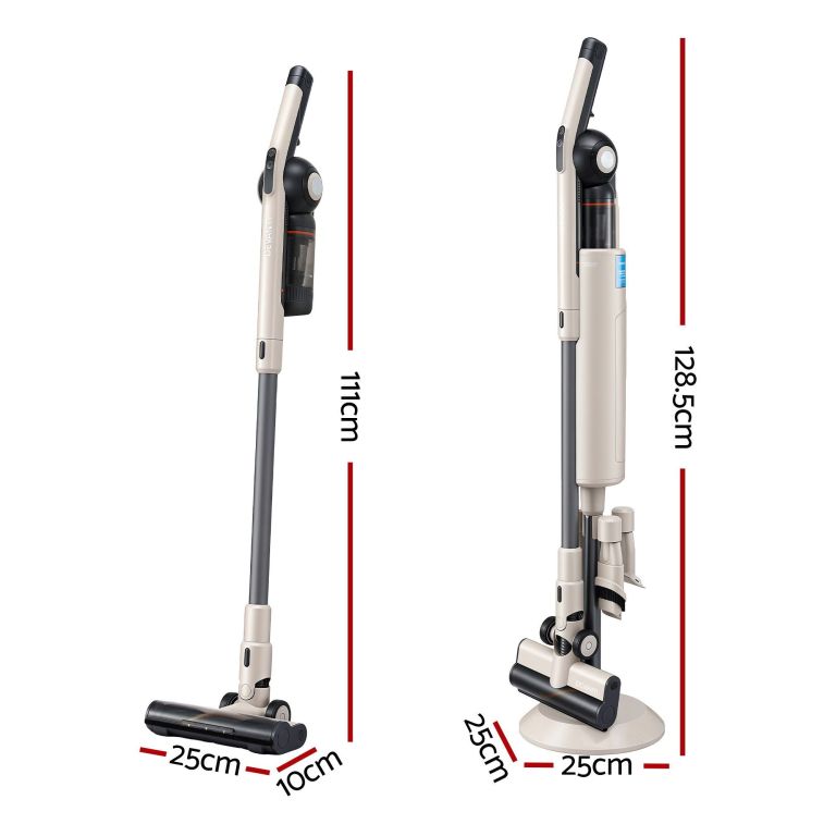 devanti cordless vacuum cleaner with auto empty dust station, 18kpa powerful suction 1.05kg lightweight 40mins runtime 3 speed led floor head washable hepa filter stick vacuum, oat Cordless stick vacuum with dimensions and stand