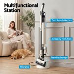 devanti cordless vacuum cleaner with auto empty dust station, 18kpa powerful suction 1.05kg lightweight 40mins runtime 3 speed led floor head washable hepa filter stick vacuum, oat Multifunctional vacuum station with auto dust collection