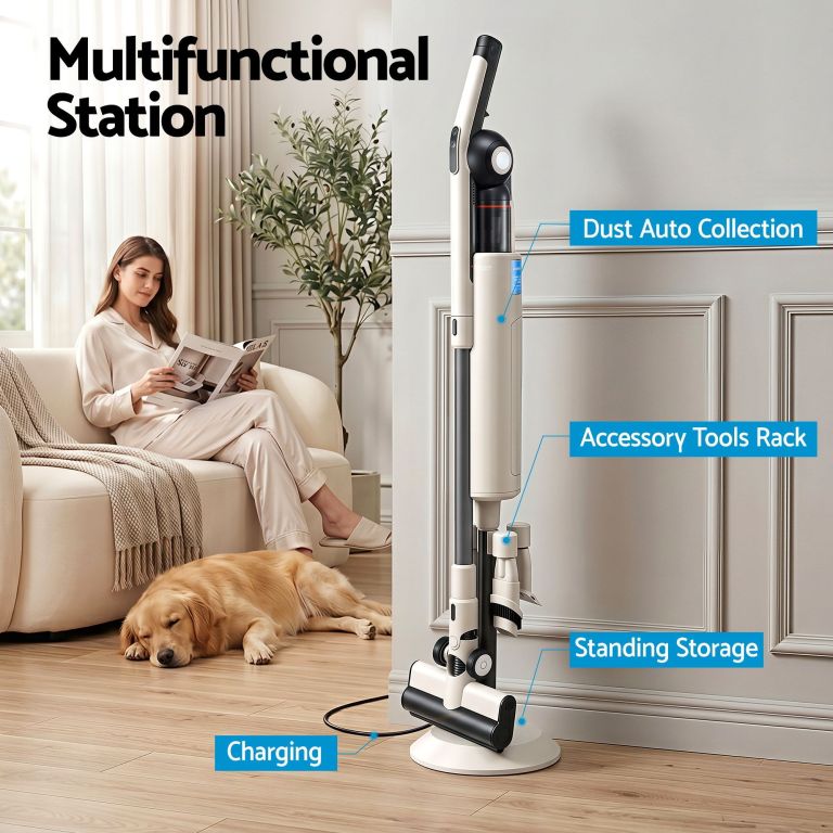 devanti cordless vacuum cleaner with auto empty dust station, 18kpa powerful suction 1.05kg lightweight 40mins runtime 3 speed led floor head washable hepa filter stick vacuum, oat Multifunctional vacuum station with auto dust collection