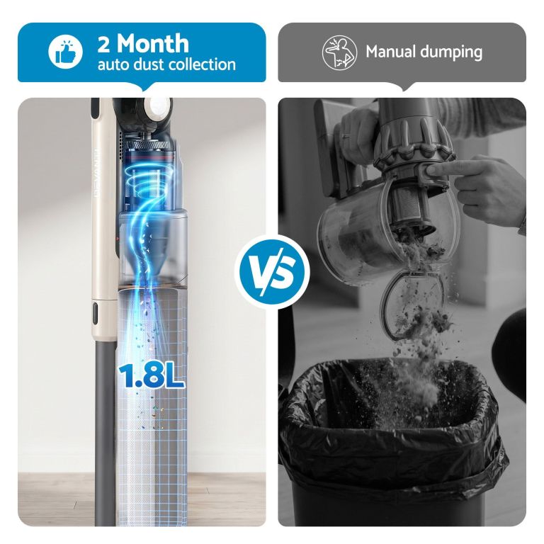devanti cordless vacuum cleaner with auto empty dust station, 18kpa powerful suction 1.05kg lightweight 40mins runtime 3 speed led floor head washable hepa filter stick vacuum, oat Vacuum auto dust collection versus manual emptying comparison