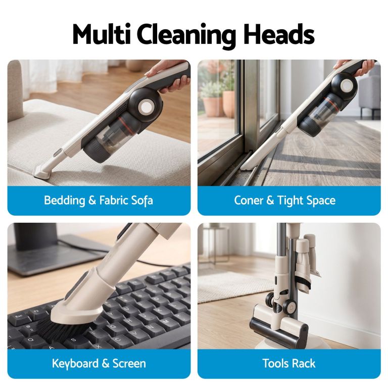 devanti cordless vacuum cleaner with auto empty dust station, 18kpa powerful suction 1.05kg lightweight 40mins runtime 3 speed led floor head washable hepa filter stick vacuum, oat Handheld vacuum with multiple cleaning attachments