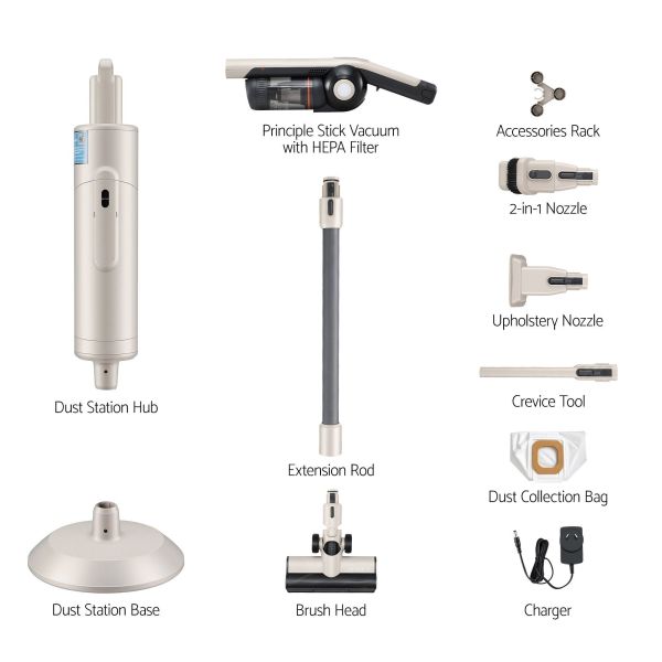 devanti cordless vacuum cleaner with auto empty dust station, 18kpa powerful suction 1.05kg lightweight 40mins runtime 3 speed led floor head washable hepa filter stick vacuum, oat Stick vacuum with HEPA filter and accessories
