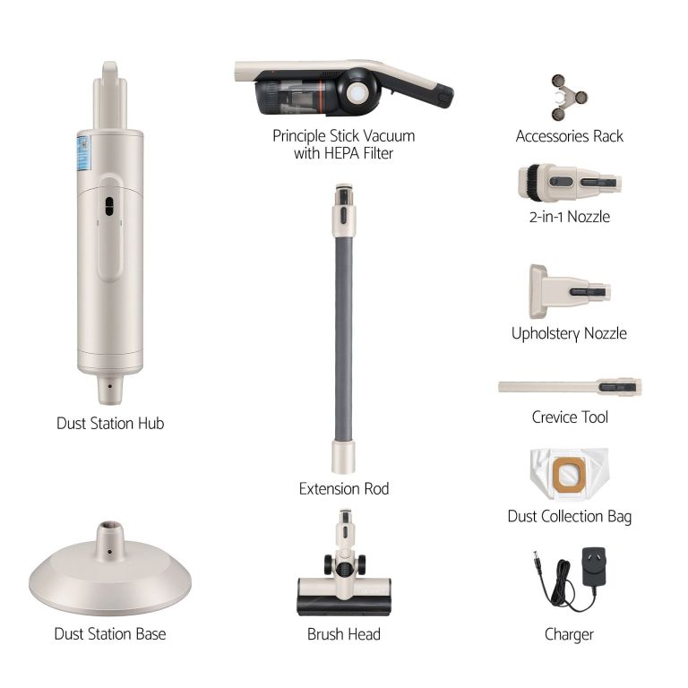 devanti cordless vacuum cleaner with auto empty dust station, 18kpa powerful suction 1.05kg lightweight 40mins runtime 3 speed led floor head washable hepa filter stick vacuum, oat Stick vacuum with HEPA filter and accessories