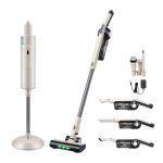 devanti cordless vacuum cleaner with auto empty dust station, 18kpa powerful suction 1.05kg lightweight 40mins runtime 3 speed led floor head washable hepa filter stick vacuum, oat Cordless stick vacuum with attachments and charging dock