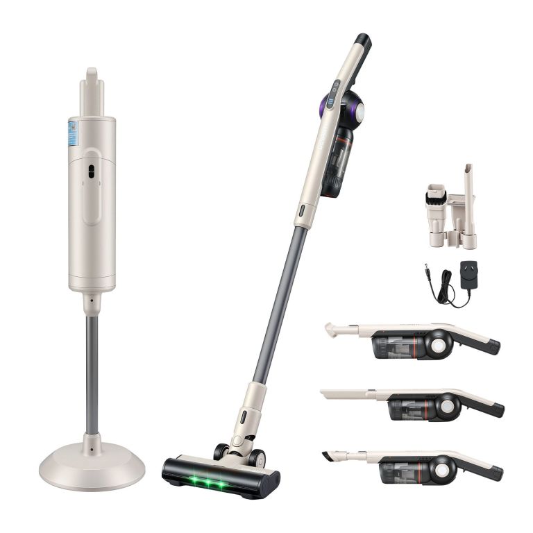 devanti cordless vacuum cleaner with auto empty dust station, 18kpa powerful suction 1.05kg lightweight 40mins runtime 3 speed led floor head washable hepa filter stick vacuum, oat Cordless stick vacuum with attachments and charging dock