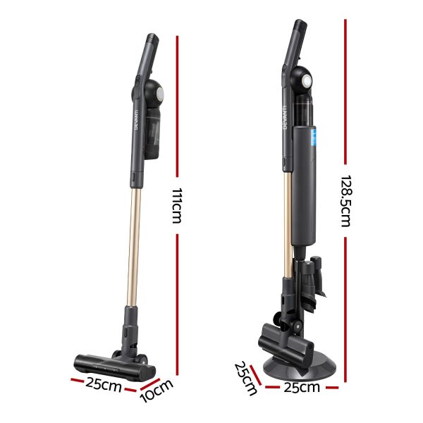 devanti cordless vacuum cleaner with auto empty dust station, 18kpa powerful suction 1.05kg lightweight 40mins runtime 3 speed led floor head washable hepa filter stick vacuum, grey Cordless stick vacuum with dimensions and charging stand