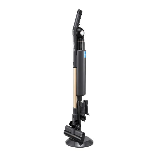 devanti cordless vacuum cleaner with auto empty dust station, 18kpa powerful suction 1.05kg lightweight 40mins runtime 3 speed led floor head washable hepa filter stick vacuum, grey Cordless stick vacuum on charging stand