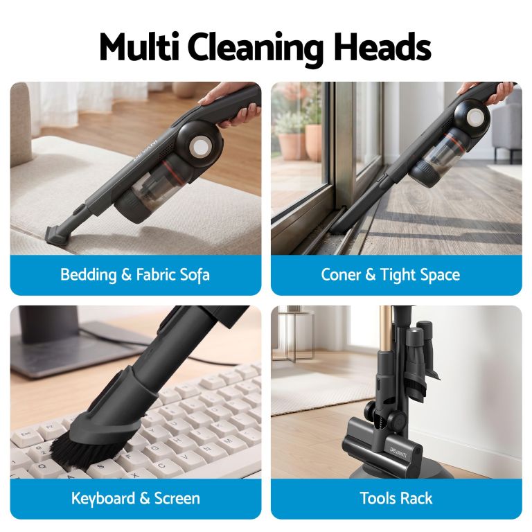 Handheld vacuum with multiple cleaning attachments displayed