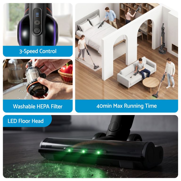 Cordless stick vacuum with LED floor head