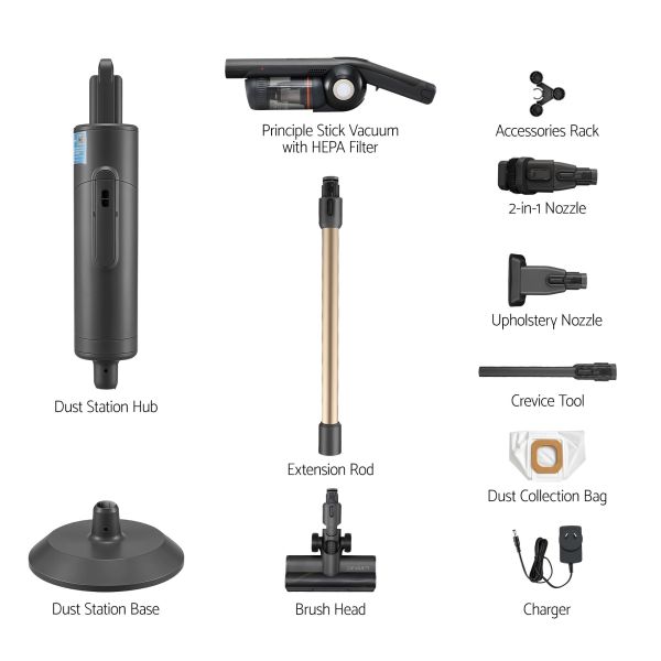 devanti cordless vacuum cleaner with auto empty dust station, 18kpa powerful suction 1.05kg lightweight 40mins runtime 3 speed led floor head washable hepa filter stick vacuum, grey Stick vacuum with HEPA and accessories set
