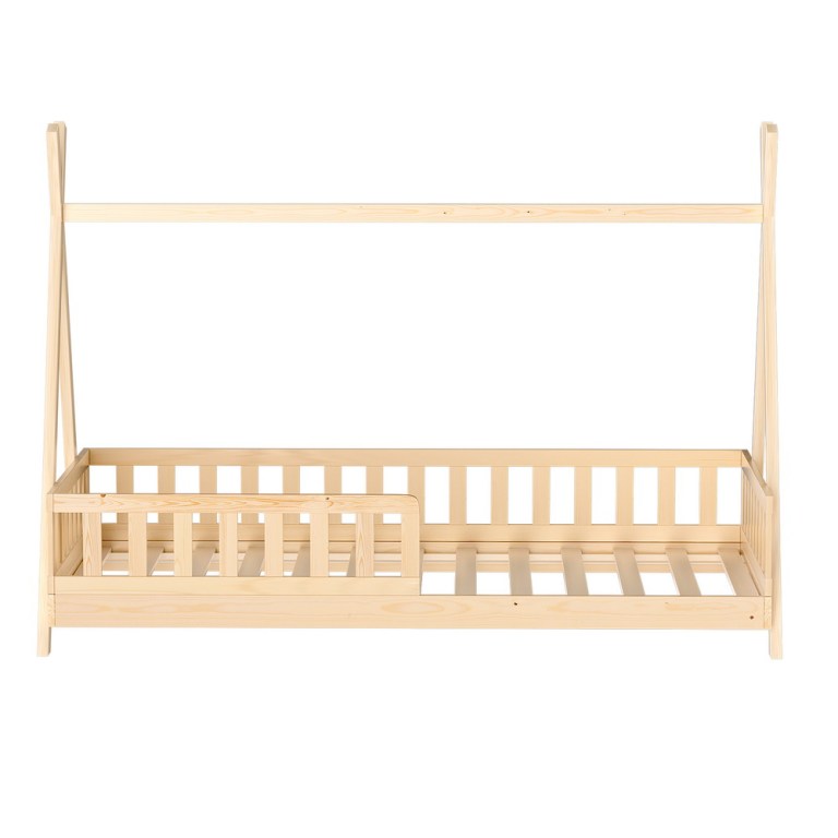 Natural timber house-frame toddler bed with rails