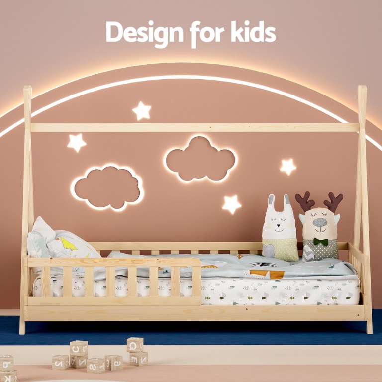 Children’s wooden bed with star and cloud lights