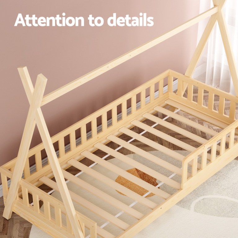 Wooden house-frame toddler bed with slatted base