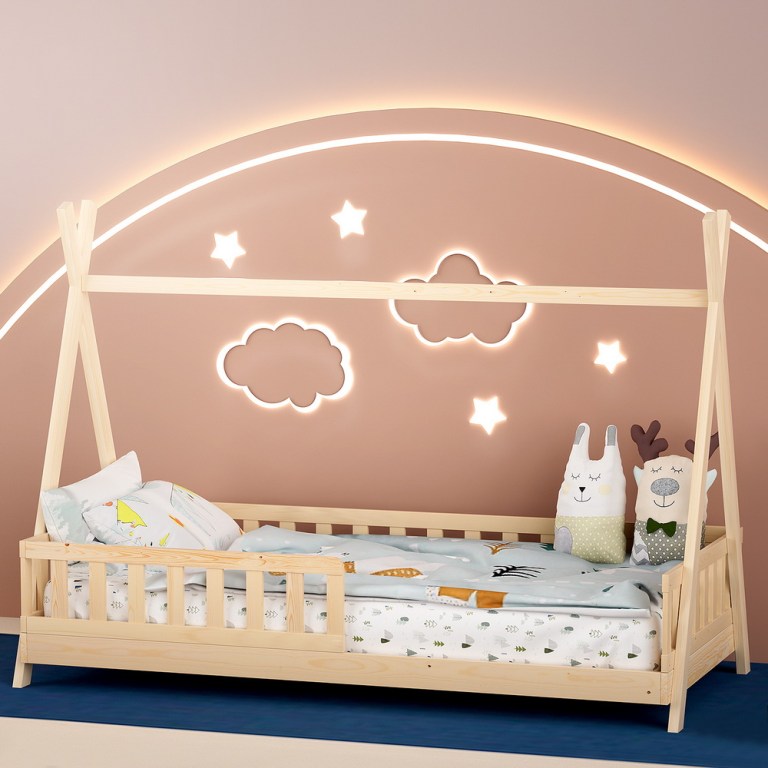 Wooden house-frame kids bed with glowing wall lights