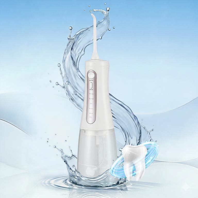 wf 350ml 8n wh 202512191248 00.jpg Cordless water flosser with splash and tooth graphic