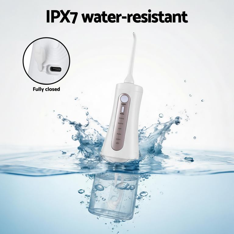 devanti cordless water flosser dental oral irrigator white IPX7 water-resistant cordless water flosser splashing in water