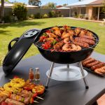 Backyard barbecue grill with sausages, skewers and prawns