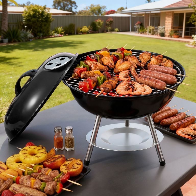 Backyard barbecue grill with sausages, skewers and prawns