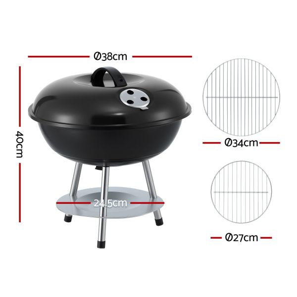 grillz charcoal bbq grill portable with lid for camping outdoor Black kettle charcoal barbecue with dimensions labelled