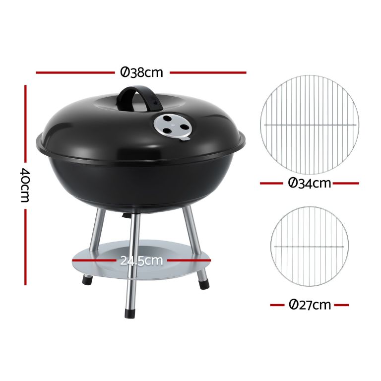 Black kettle charcoal barbecue with dimensions labelled