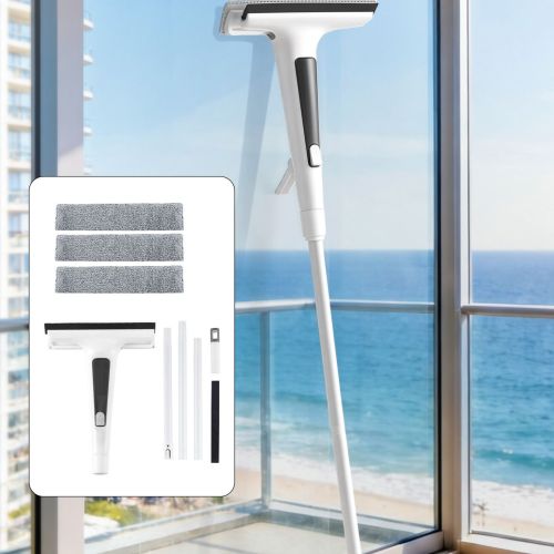 Window cleaning mop with squeegee on glass door