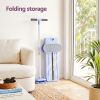 Folded scooter stored upright in living room corner