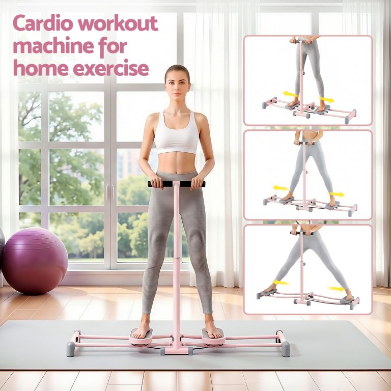 everfit foldable ski exercise machine leg thigh trainer home fitness cardio pink Woman using home cardio workout machine indoors