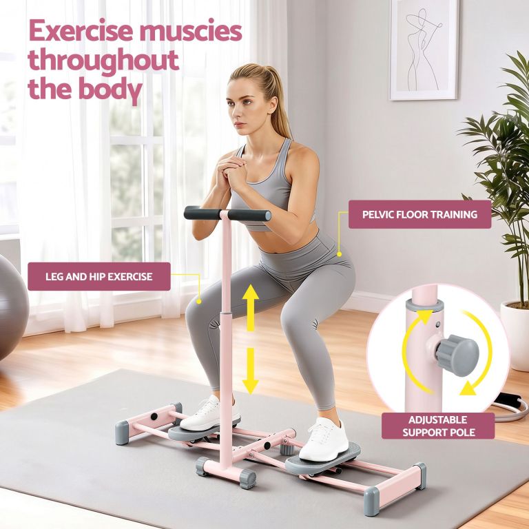 everfit foldable ski exercise machine leg thigh trainer home fitness cardio pink Woman using pelvic floor squat exercise machine indoors