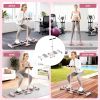 Woman using compact stepper in various locations