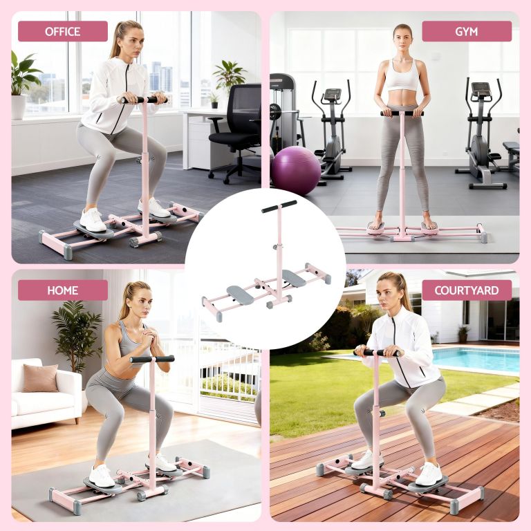 everfit foldable ski exercise machine leg thigh trainer home fitness cardio pink Woman using compact stepper in various locations