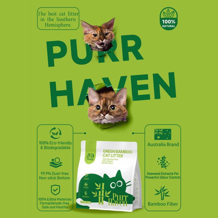 purrhaven bamboo clumping cat & kitty litter, 7.5kg (3 pack),dust free,natural flusable,easy to clean,odour neutraliser,rapid liquid absorption,non toxic formula Cats popping through green bamboo cat litter ad