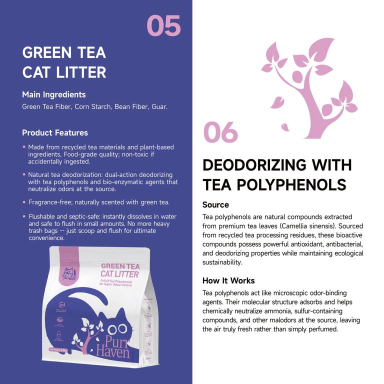 Green tea cat litter product information display