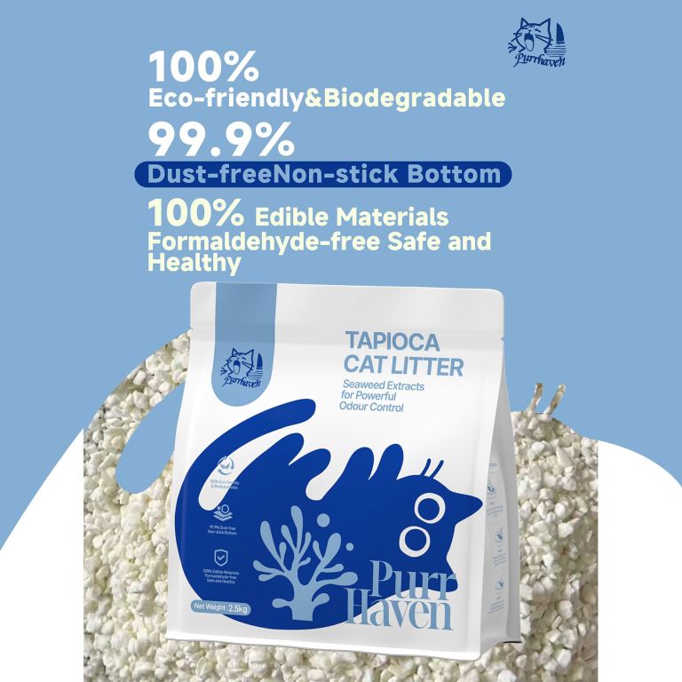 Eco-friendly tapioca cat litter packaging on blue background