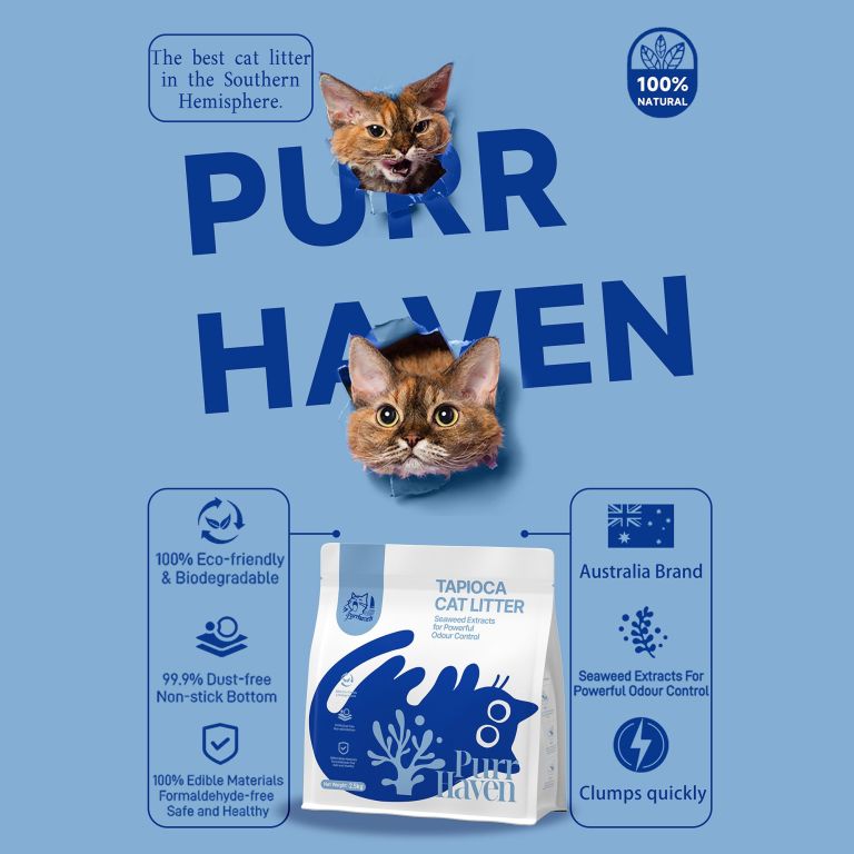 Purr Haven natural cat litter advertisement with cats