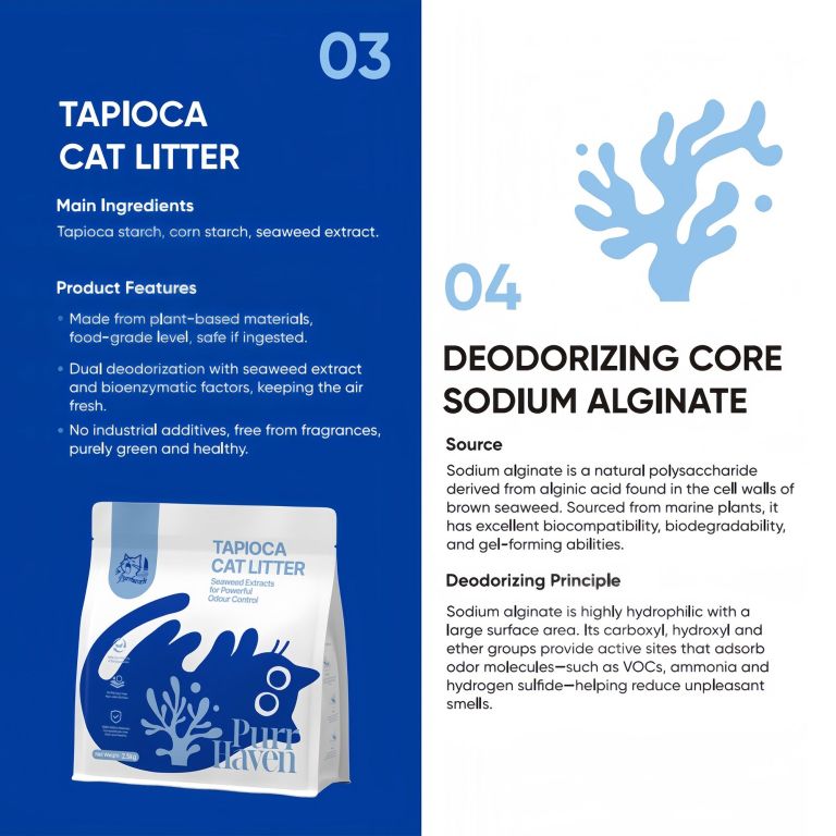 Tapioca cat litter with seaweed deodorising formula