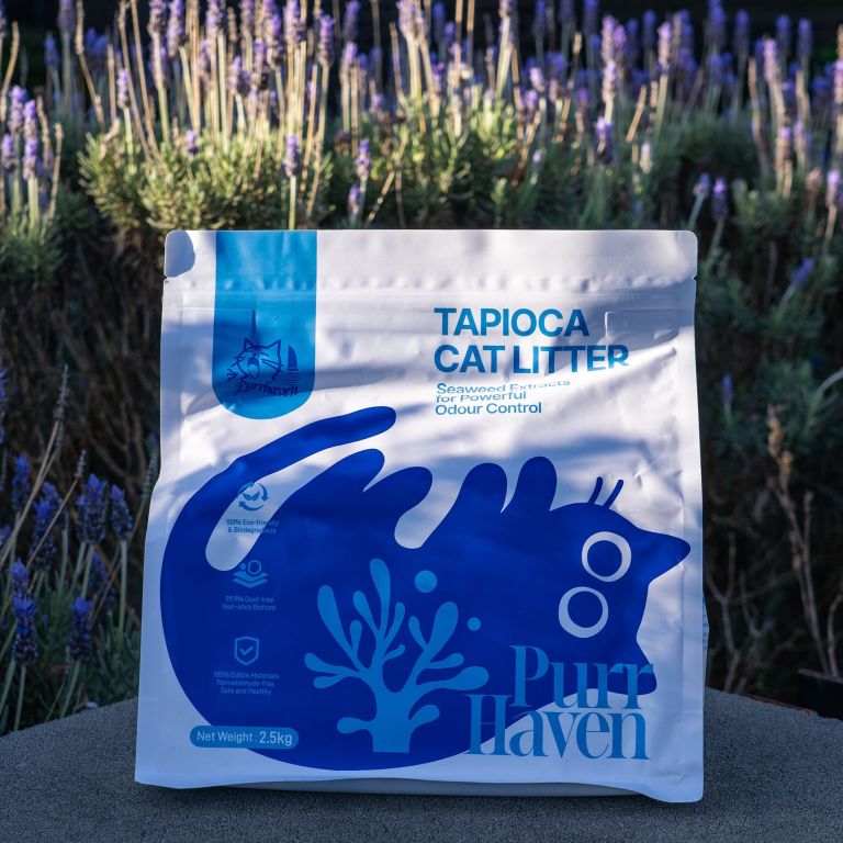 Tapioca cat litter bag in lavender garden