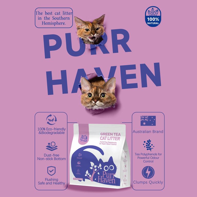 purrhaven tapioca clumping cat & kitty litter, 7.5kg (3 pack),dust free,easy to clean,odour neutraliser,rapid liquid absorption,non toxic formula Purr Haven natural cat litter advertisement with cats