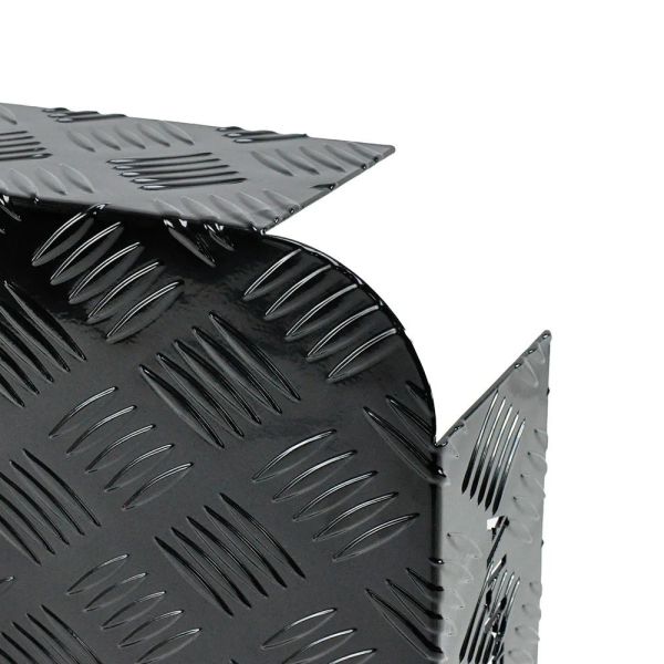 alpen outdoor base 2mm aluminum diesel heater fuel tank cover, heavy duty protective guard for 10l 15l tanks, simple installation, double side,safe uv & impact shield, ideal for camping & rv Close-up of black checker plate metal corner