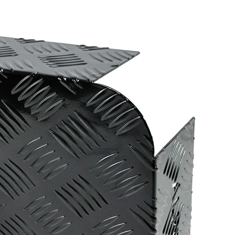 alpen outdoor base 2mm aluminum diesel heater fuel tank cover, heavy duty protective guard for 10l 15l tanks, simple installation, double side,safe uv & impact shield, ideal for camping & rv Close-up of black checker plate metal corner