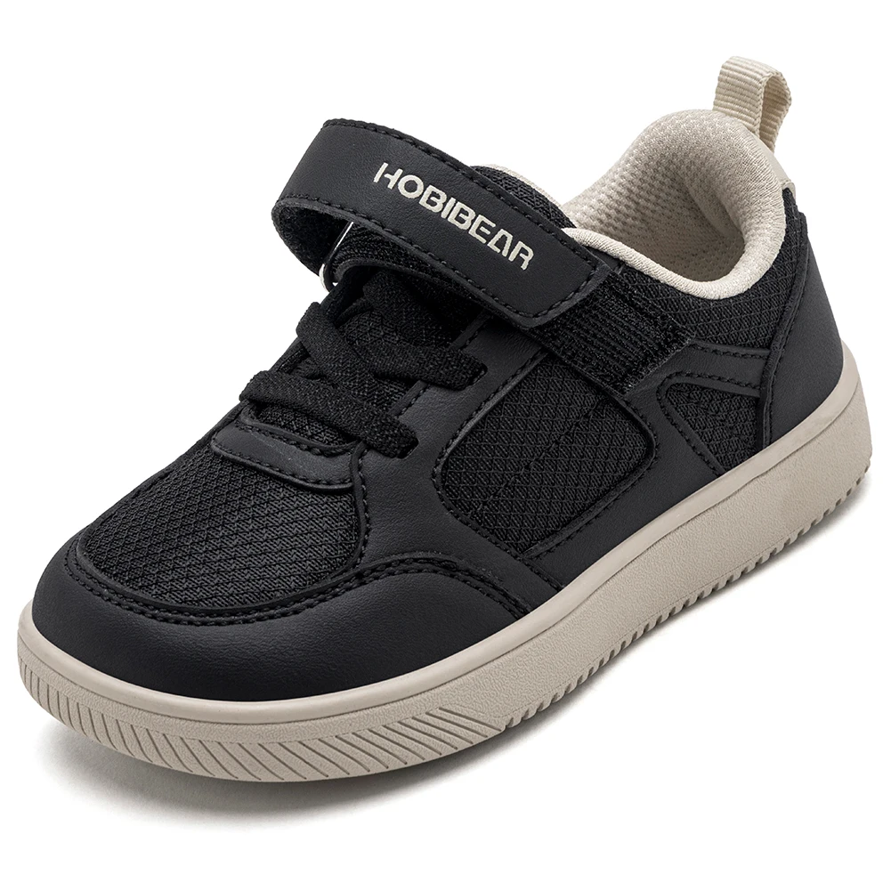 HOBIBEAR Toddler Kids Wide Toe Shoes Hook-Loop Minimalist Sneakers Lightweight Artificial Leather Mesh Walking Shoes 3