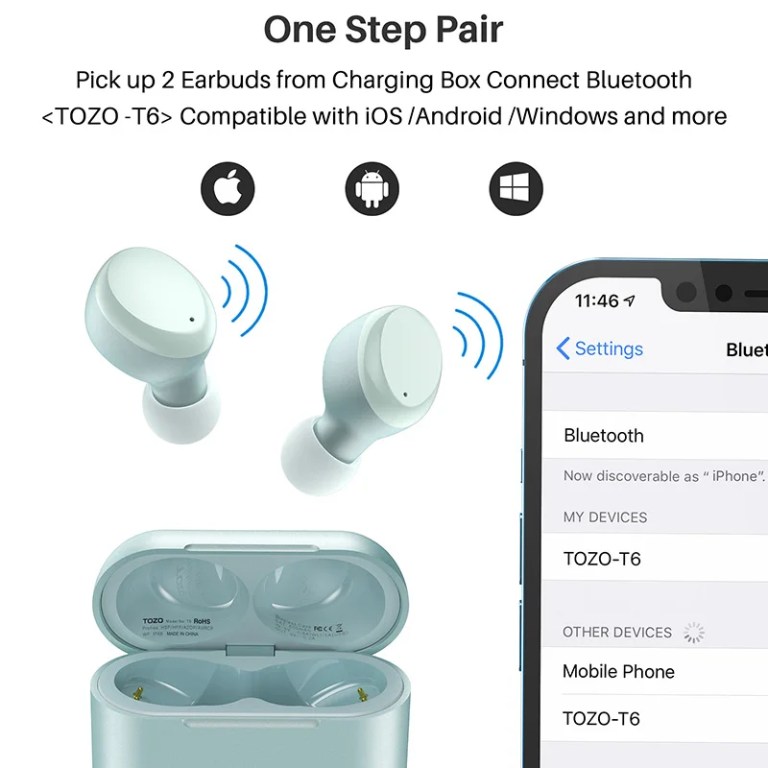 tozo t6 bluetooth earphones , wireless earbuds powerful deep sound , ipx8 waterproof , comfortable wearing , 45h playtime TOZO T6 Bluetooth Earphones , Wireless Earbuds Powerful Deep Sound , IPX8 Waterproof , Comfortable Wearing , 45H Playtime 5