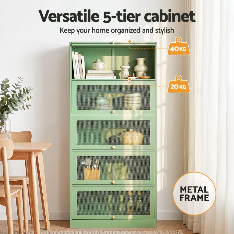 artiss 2x buffet sideboard cabinet storage cupboard mesh doors metal elia green Green five-tier metal storage cabinet with mesh drawers