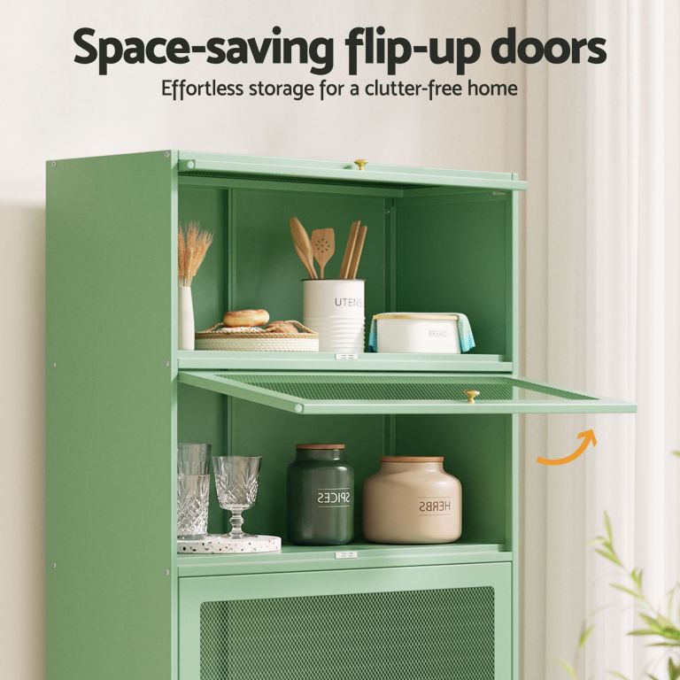 artiss 2x buffet sideboard cabinet storage cupboard mesh doors metal elia green Green cabinet with space-saving flip-up doors