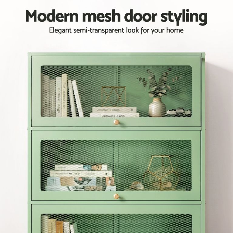 artiss 2x buffet sideboard cabinet storage cupboard mesh doors metal elia green Green cabinet with modern mesh doors and decor