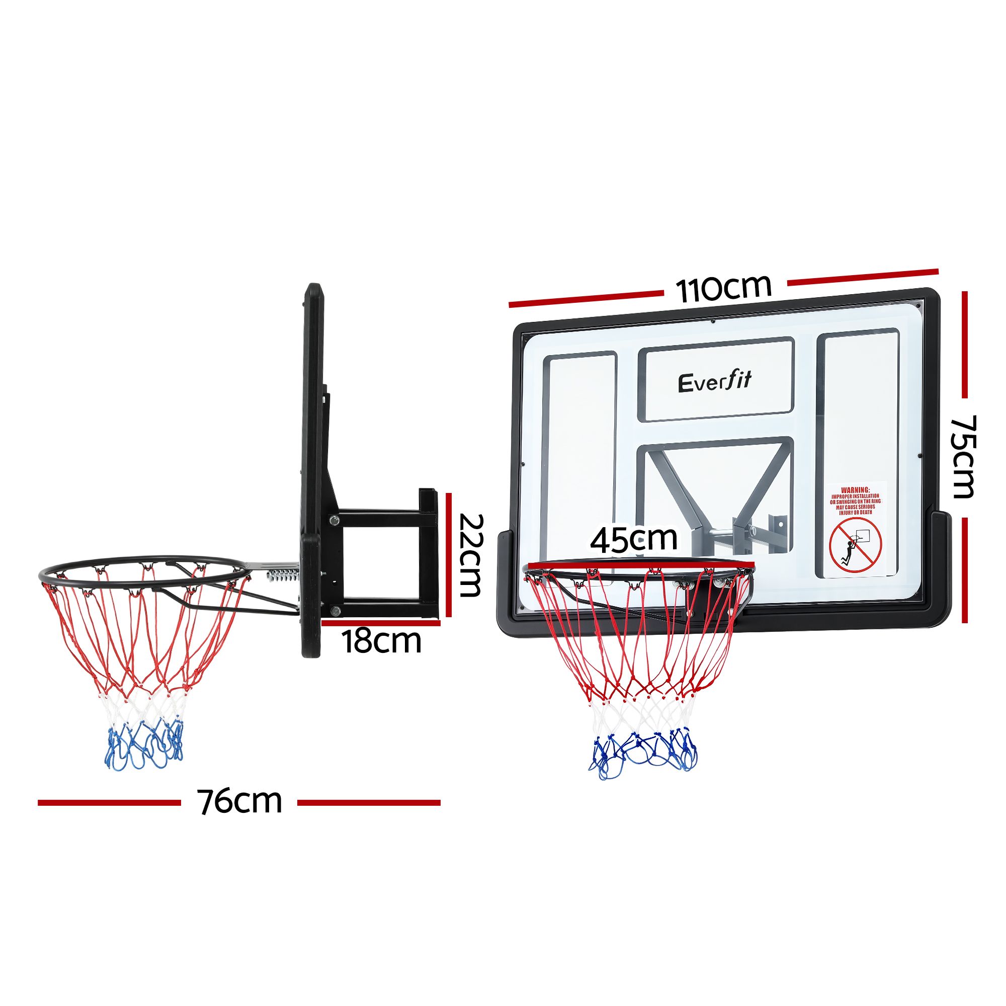 Wall-mounted basketball hoop with backboard dimensions